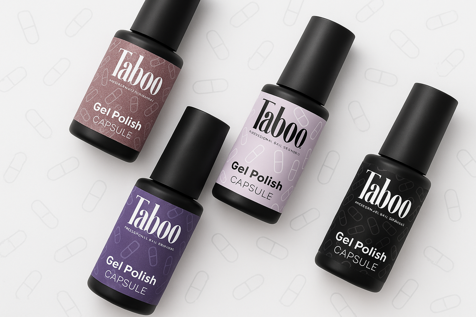 Modern minimal Taboo gel polish bottles with black bottle included